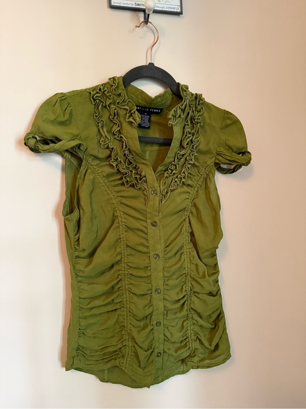 Antilia Femme Green Ruffle V-Neck Button-Front Puff Sleeve Blouse M
